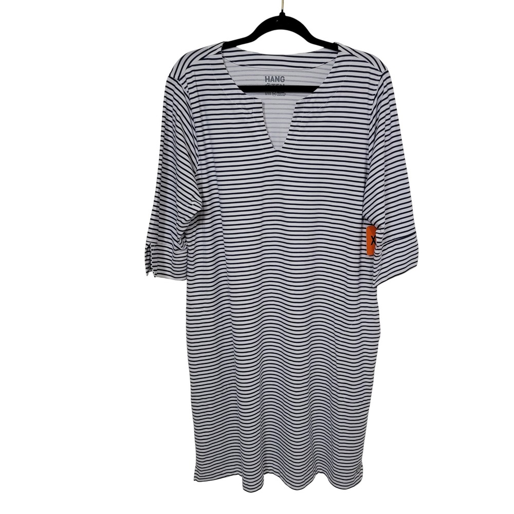 Hang Ten XXL UPF Sun Protection Dress Womens Navy White Striped Split Neck